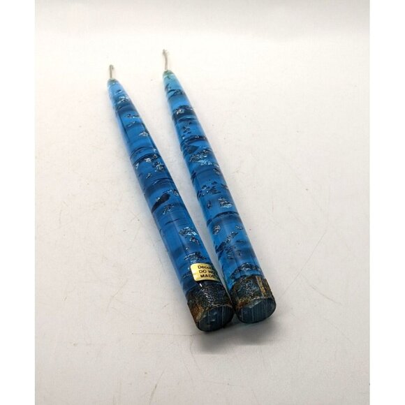 Lucite Taper Candles Set of 2 Turquoise Aqua Blue with Silver Flakes MCM 8" - Picture 1 of 3